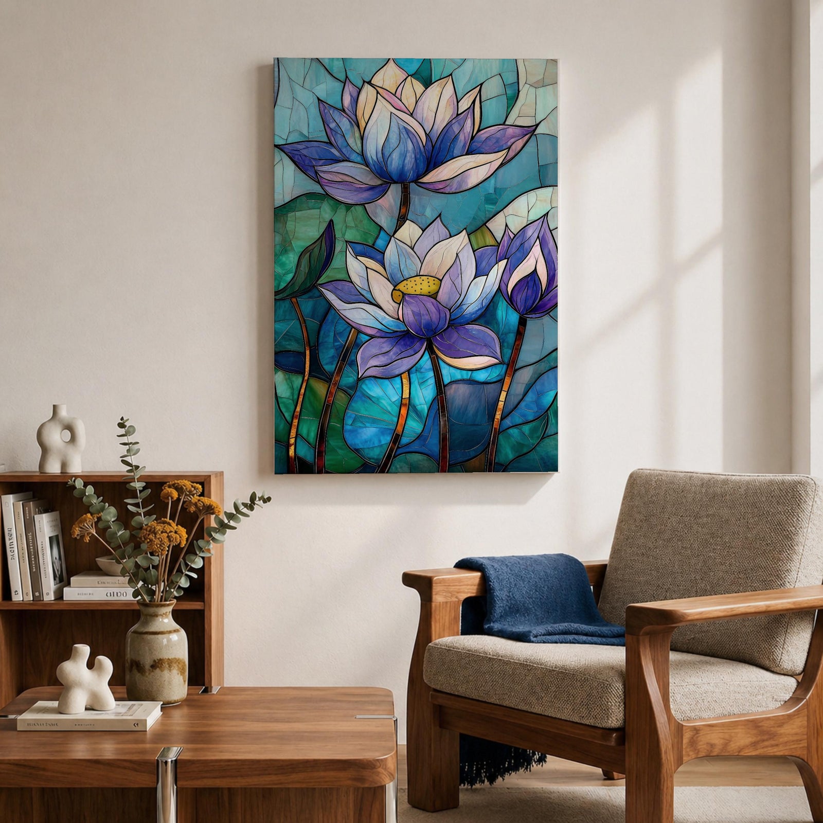 A stained glass style artwork depicting three lotus flowers with detailed petals in shades of blue and purple, set against a mosaic background of green and teal glass pieces, emphasizing the floral subject with a vibrant and intricate mosaic composition.