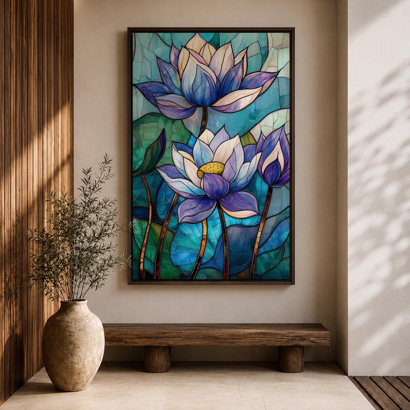 A stained glass style artwork depicting three lotus flowers with detailed petals in shades of blue and purple, set against a mosaic background of green and teal glass pieces, emphasizing the floral subject with a vibrant and intricate mosaic composition.