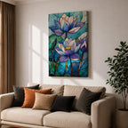 A stained glass style artwork depicting three lotus flowers with detailed petals in shades of blue and purple, set against a mosaic background of green and teal glass pieces, emphasizing the floral subject with a vibrant and intricate mosaic composition.