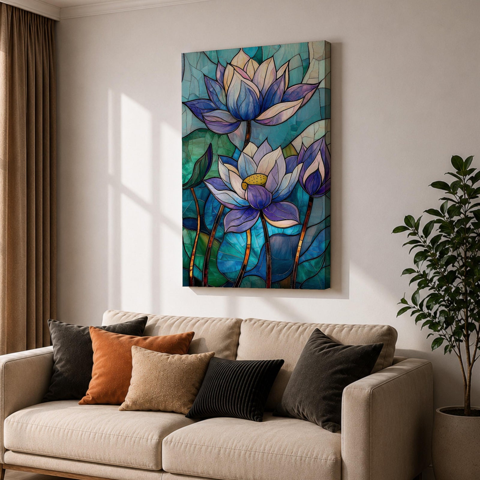 A stained glass style artwork depicting three lotus flowers with detailed petals in shades of blue and purple, set against a mosaic background of green and teal glass pieces, emphasizing the floral subject with a vibrant and intricate mosaic composition.