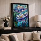 A stained glass style artwork depicting three lotus flowers with detailed petals in shades of blue and purple, set against a mosaic background of green and teal glass pieces, emphasizing the floral subject with a vibrant and intricate mosaic composition.
