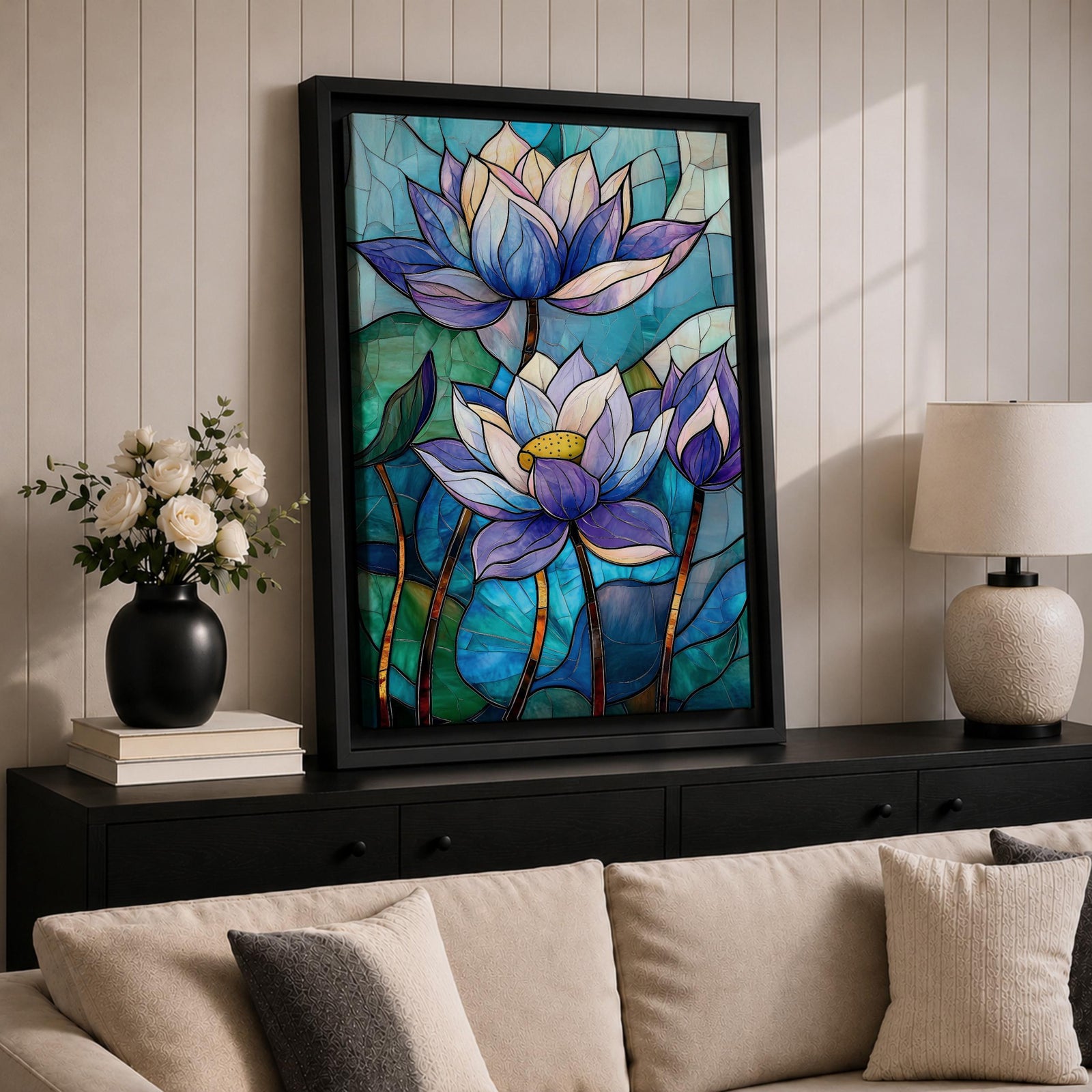 A stained glass style artwork depicting three lotus flowers with detailed petals in shades of blue and purple, set against a mosaic background of green and teal glass pieces, emphasizing the floral subject with a vibrant and intricate mosaic composition.