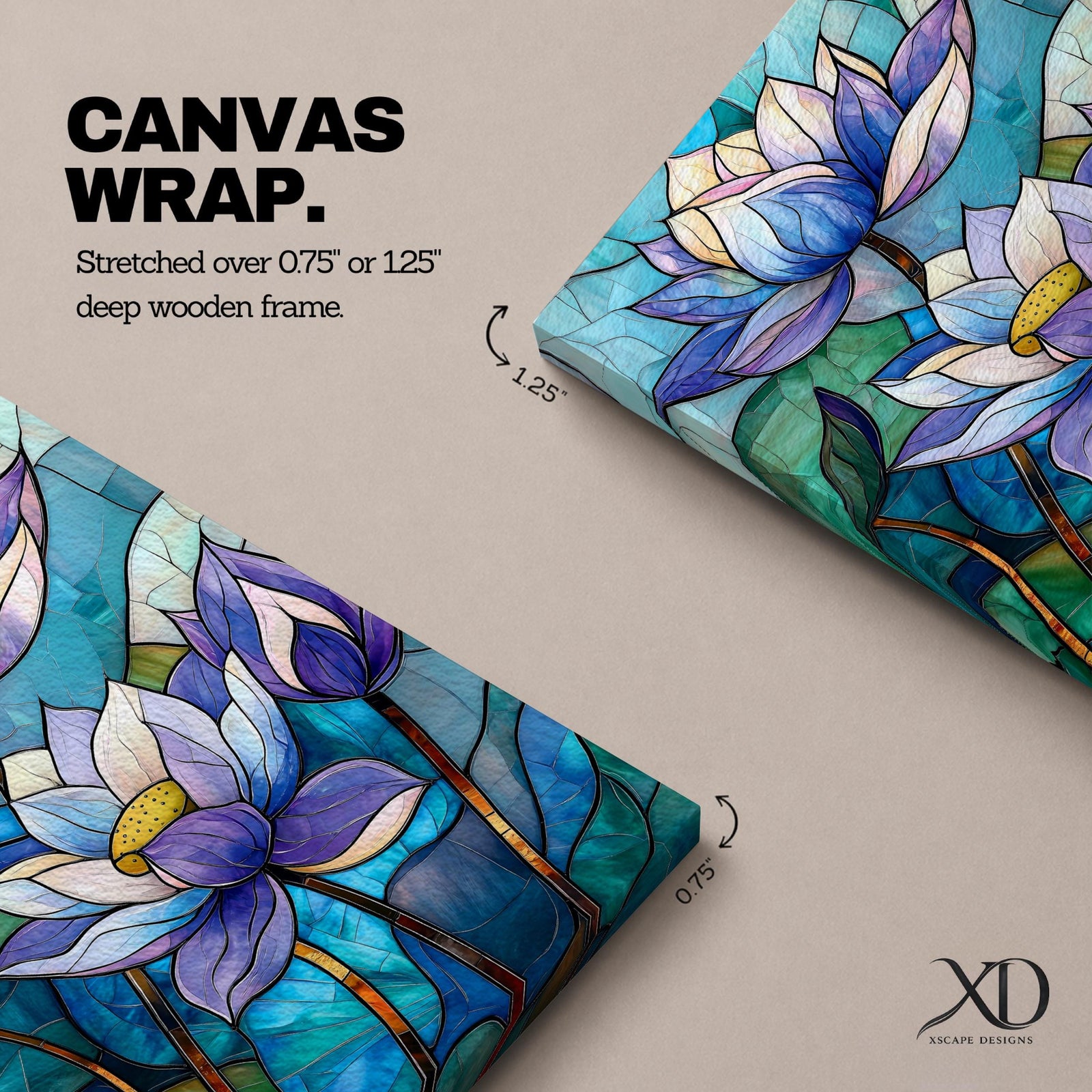 A stained glass style artwork depicting three lotus flowers with detailed petals in shades of blue and purple, set against a mosaic background of green and teal glass pieces, emphasizing the floral subject with a vibrant and intricate mosaic composition.