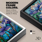 A stained glass style artwork depicting three lotus flowers with detailed petals in shades of blue and purple, set against a mosaic background of green and teal glass pieces, emphasizing the floral subject with a vibrant and intricate mosaic composition.