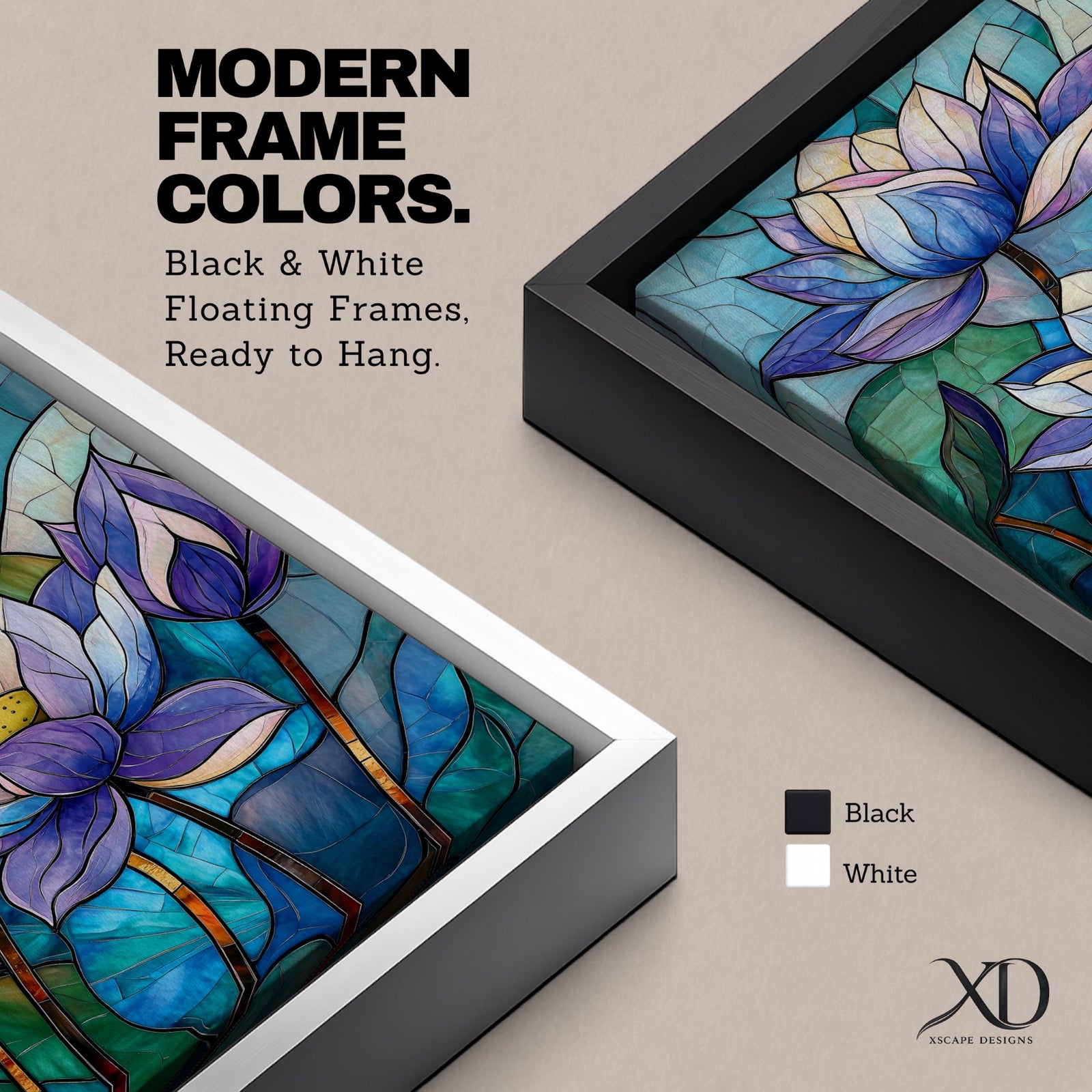 A stained glass style artwork depicting three lotus flowers with detailed petals in shades of blue and purple, set against a mosaic background of green and teal glass pieces, emphasizing the floral subject with a vibrant and intricate mosaic composition.