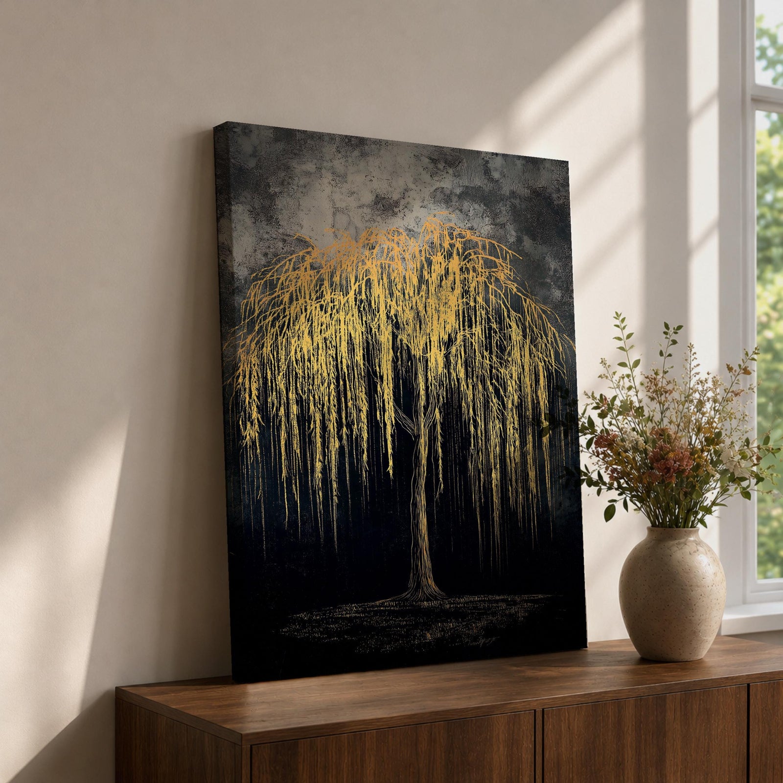 A vintage-style framed canvas wall art depicting a willow tree with long, flowing branches cascading downward. The artwork features textured, detailed line work creating a naturalistic yet stylized representation of the tree against a dark, textured background emphasizing the tree’s silhouette and form.