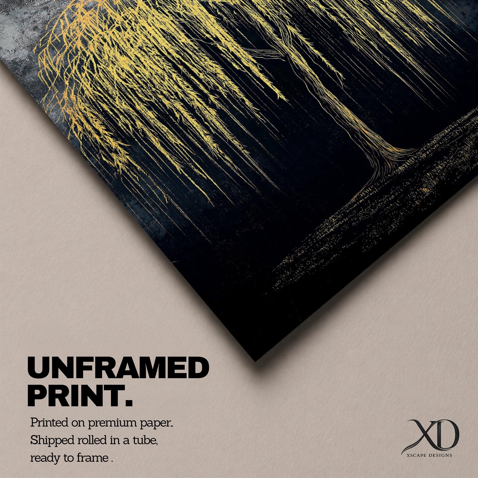 A vintage-style framed canvas wall art depicting a willow tree with long, flowing branches cascading downward. The artwork features textured, detailed line work creating a naturalistic yet stylized representation of the tree against a dark, textured background emphasizing the tree’s silhouette and form.