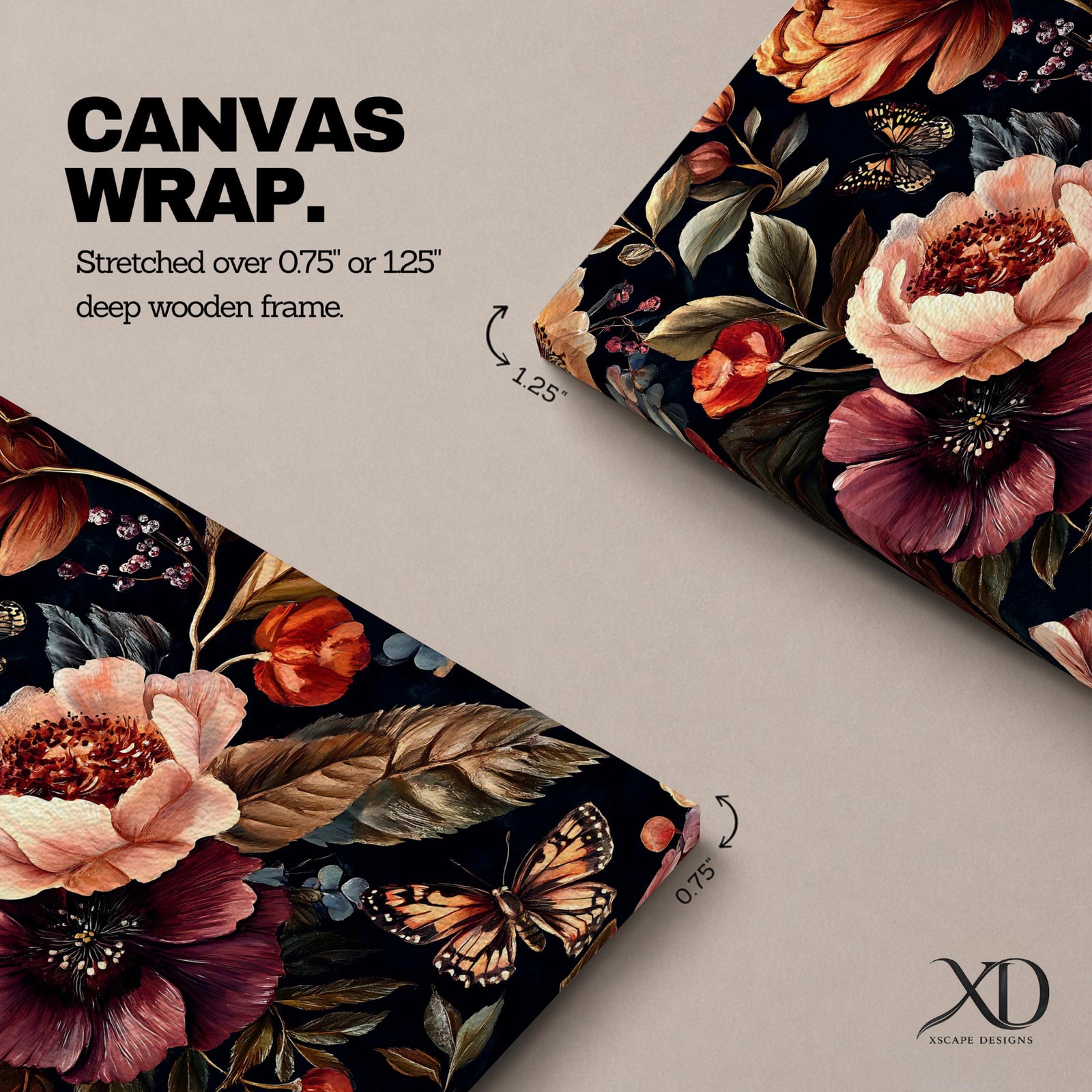 A detailed vintage-style floral artwork featuring large blooming flowers and butterflies on a dark background. The composition highlights intricate petals and leaves with a classic botanical aesthetic, rendered in rich, muted tones that emphasize the natural beauty and delicate textures of the flowers and insects.
