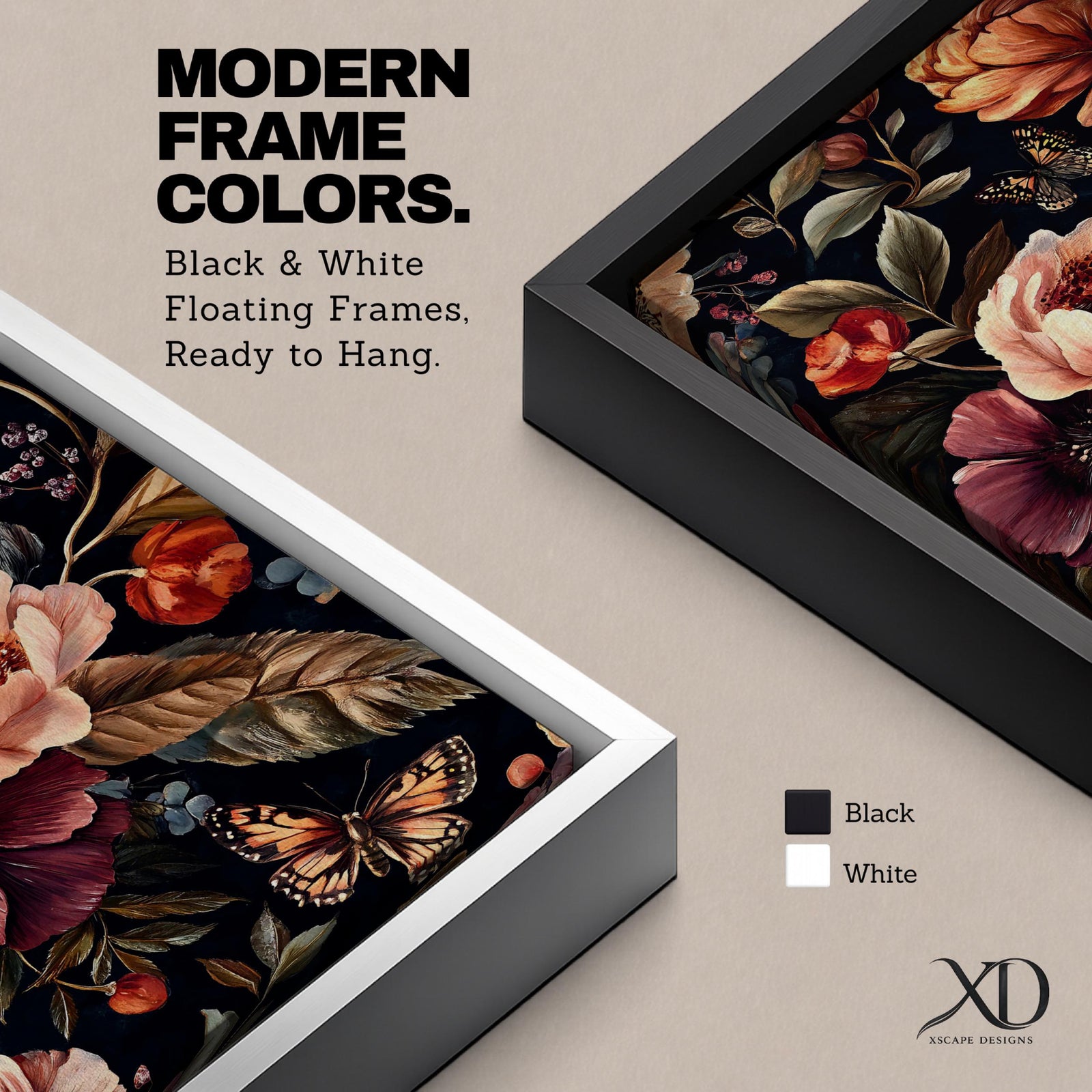 A detailed vintage-style floral artwork featuring large blooming flowers and butterflies on a dark background. The composition highlights intricate petals and leaves with a classic botanical aesthetic, rendered in rich, muted tones that emphasize the natural beauty and delicate textures of the flowers and insects.