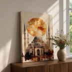 This mesmerizing oil-style artwork depicts the iconic Hagia Sophia (Ayasofya) in Istanbul with its grand domes and soaring minarets dramatically silhouetted against a massive fiery orange sunset orb, warm textured clouds, subtle birds in flight, reflective watery foreground, and soft golden-brown shading that evokes mystery, historical depth, and spiritual grandeur.