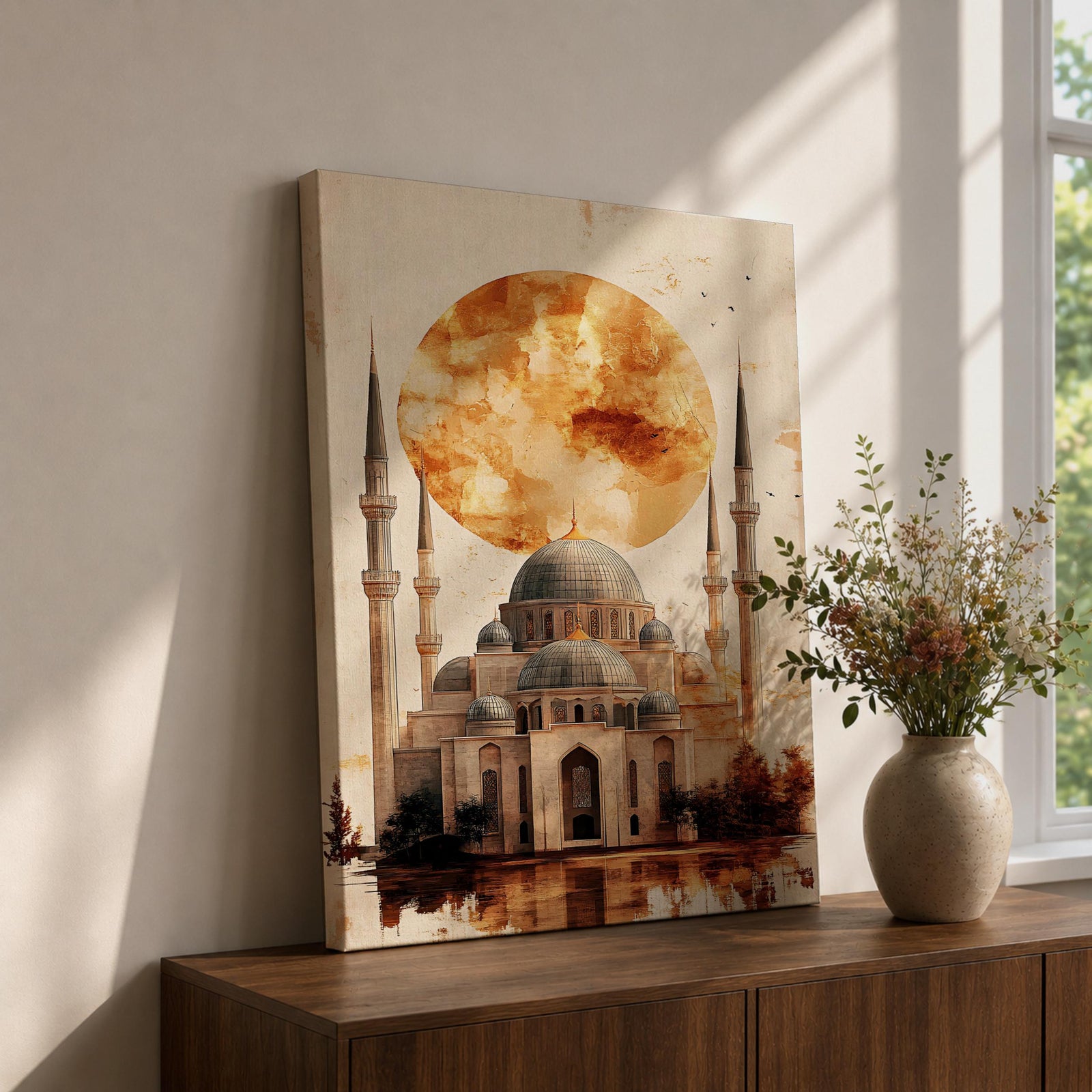 This mesmerizing oil-style artwork depicts the iconic Hagia Sophia (Ayasofya) in Istanbul with its grand domes and soaring minarets dramatically silhouetted against a massive fiery orange sunset orb, warm textured clouds, subtle birds in flight, reflective watery foreground, and soft golden-brown shading that evokes mystery, historical depth, and spiritual grandeur.