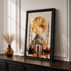 This mesmerizing oil-style artwork depicts the iconic Hagia Sophia (Ayasofya) in Istanbul with its grand domes and soaring minarets dramatically silhouetted against a massive fiery orange sunset orb, warm textured clouds, subtle birds in flight, reflective watery foreground, and soft golden-brown shading that evokes mystery, historical depth, and spiritual grandeur.