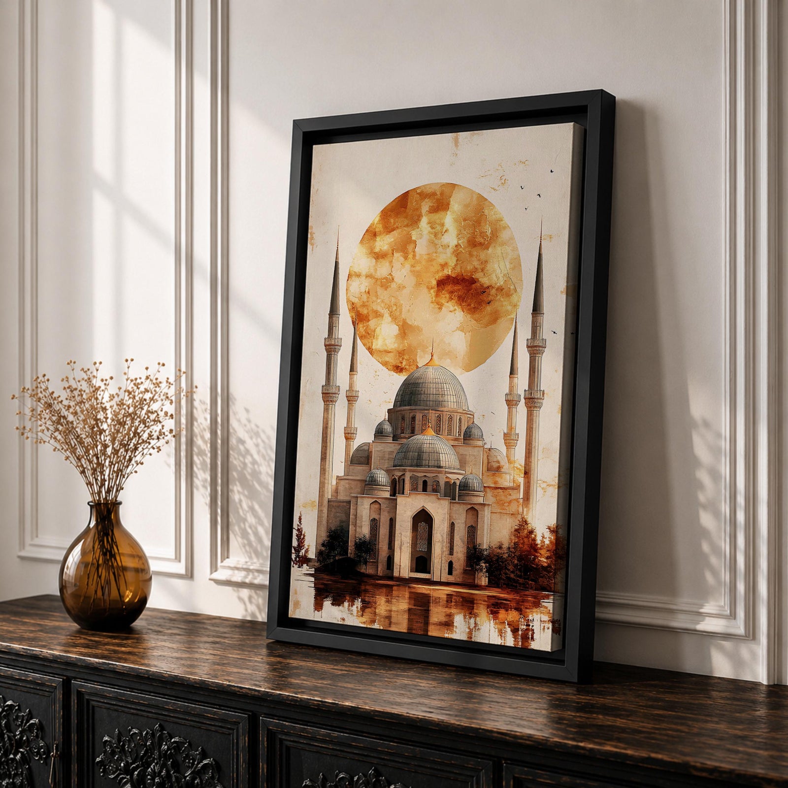 This mesmerizing oil-style artwork depicts the iconic Hagia Sophia (Ayasofya) in Istanbul with its grand domes and soaring minarets dramatically silhouetted against a massive fiery orange sunset orb, warm textured clouds, subtle birds in flight, reflective watery foreground, and soft golden-brown shading that evokes mystery, historical depth, and spiritual grandeur.