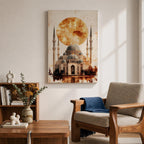 This mesmerizing oil-style artwork depicts the iconic Hagia Sophia (Ayasofya) in Istanbul with its grand domes and soaring minarets dramatically silhouetted against a massive fiery orange sunset orb, warm textured clouds, subtle birds in flight, reflective watery foreground, and soft golden-brown shading that evokes mystery, historical depth, and spiritual grandeur.