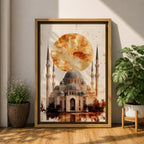 This mesmerizing oil-style artwork depicts the iconic Hagia Sophia (Ayasofya) in Istanbul with its grand domes and soaring minarets dramatically silhouetted against a massive fiery orange sunset orb, warm textured clouds, subtle birds in flight, reflective watery foreground, and soft golden-brown shading that evokes mystery, historical depth, and spiritual grandeur.
