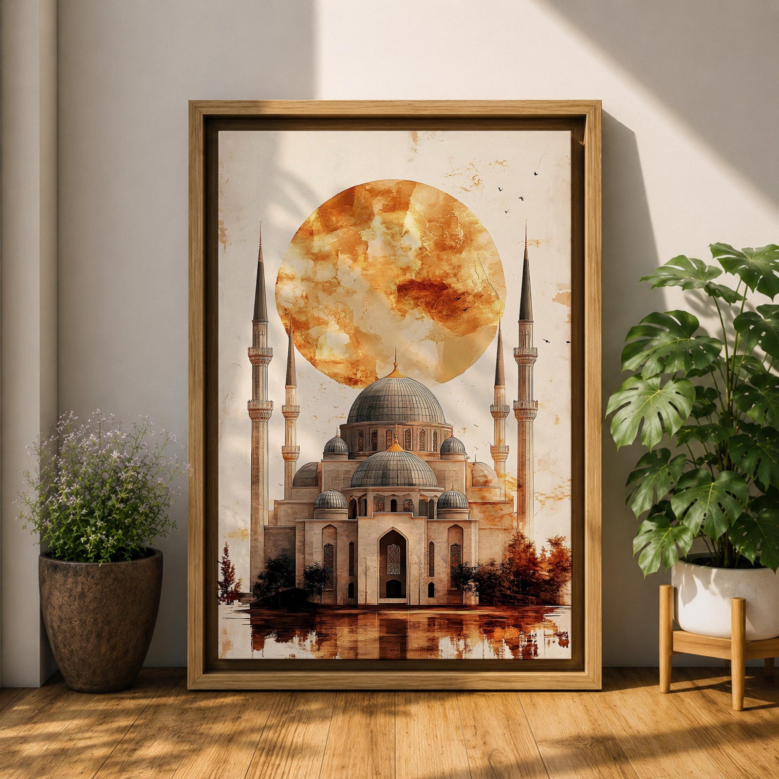 This mesmerizing oil-style artwork depicts the iconic Hagia Sophia (Ayasofya) in Istanbul with its grand domes and soaring minarets dramatically silhouetted against a massive fiery orange sunset orb, warm textured clouds, subtle birds in flight, reflective watery foreground, and soft golden-brown shading that evokes mystery, historical depth, and spiritual grandeur.