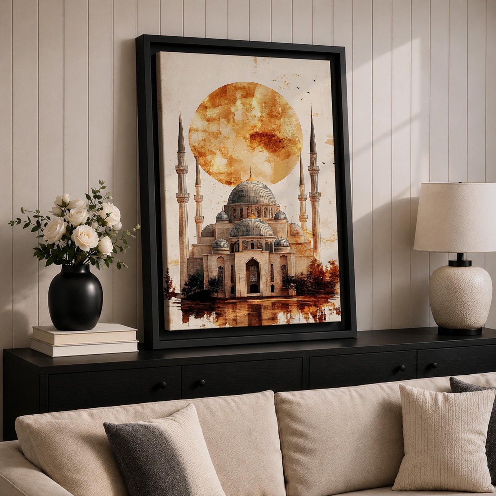 This mesmerizing oil-style artwork depicts the iconic Hagia Sophia (Ayasofya) in Istanbul with its grand domes and soaring minarets dramatically silhouetted against a massive fiery orange sunset orb, warm textured clouds, subtle birds in flight, reflective watery foreground, and soft golden-brown shading that evokes mystery, historical depth, and spiritual grandeur.