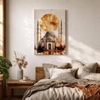This mesmerizing oil-style artwork depicts the iconic Hagia Sophia (Ayasofya) in Istanbul with its grand domes and soaring minarets dramatically silhouetted against a massive fiery orange sunset orb, warm textured clouds, subtle birds in flight, reflective watery foreground, and soft golden-brown shading that evokes mystery, historical depth, and spiritual grandeur.
