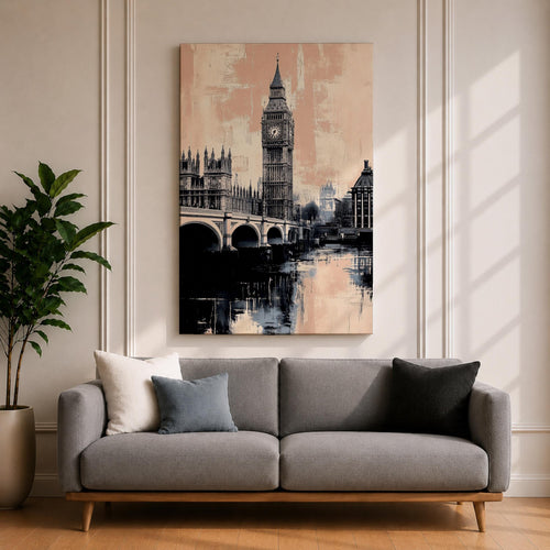 A vintage style framed canvas print depicting Big Ben and the Elizabeth Tower in London with detailed architectural features and reflections on the river, rendered in a muted, textured cityscape style.