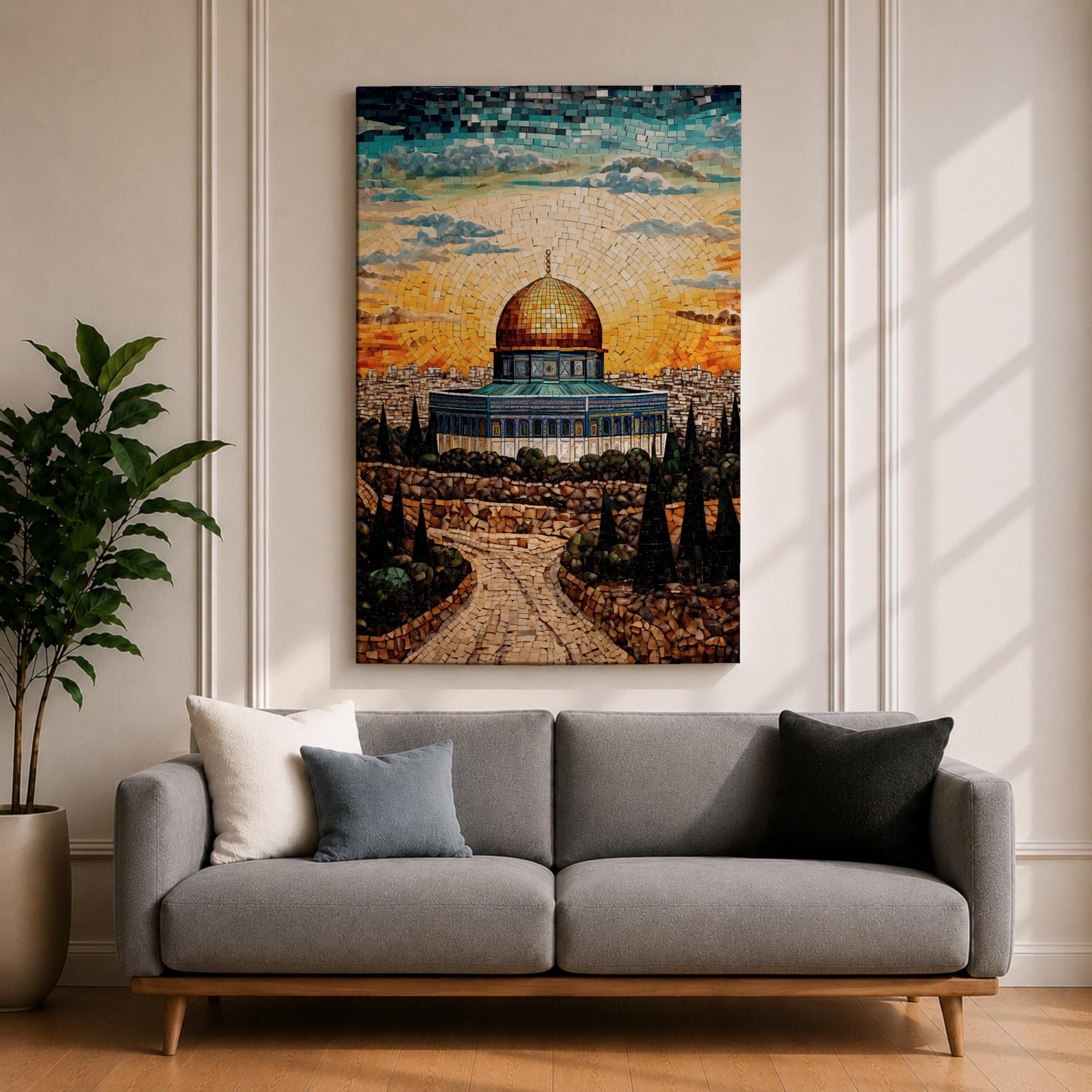 This exquisite mosaic-style artwork portrays the sacred Dome of the Rock at Masjid Al-Aqsa in Jerusalem, crafted from shimmering tile fragments in radiant golden, turquoise, and blue hues, with the iconic golden dome glowing against a radiant sunset sky of orange and yellow mosaic pieces, framed by ancient stone walls, cypress trees, and rocky terraces evoking profound spiritual artistry and timeless reverence.