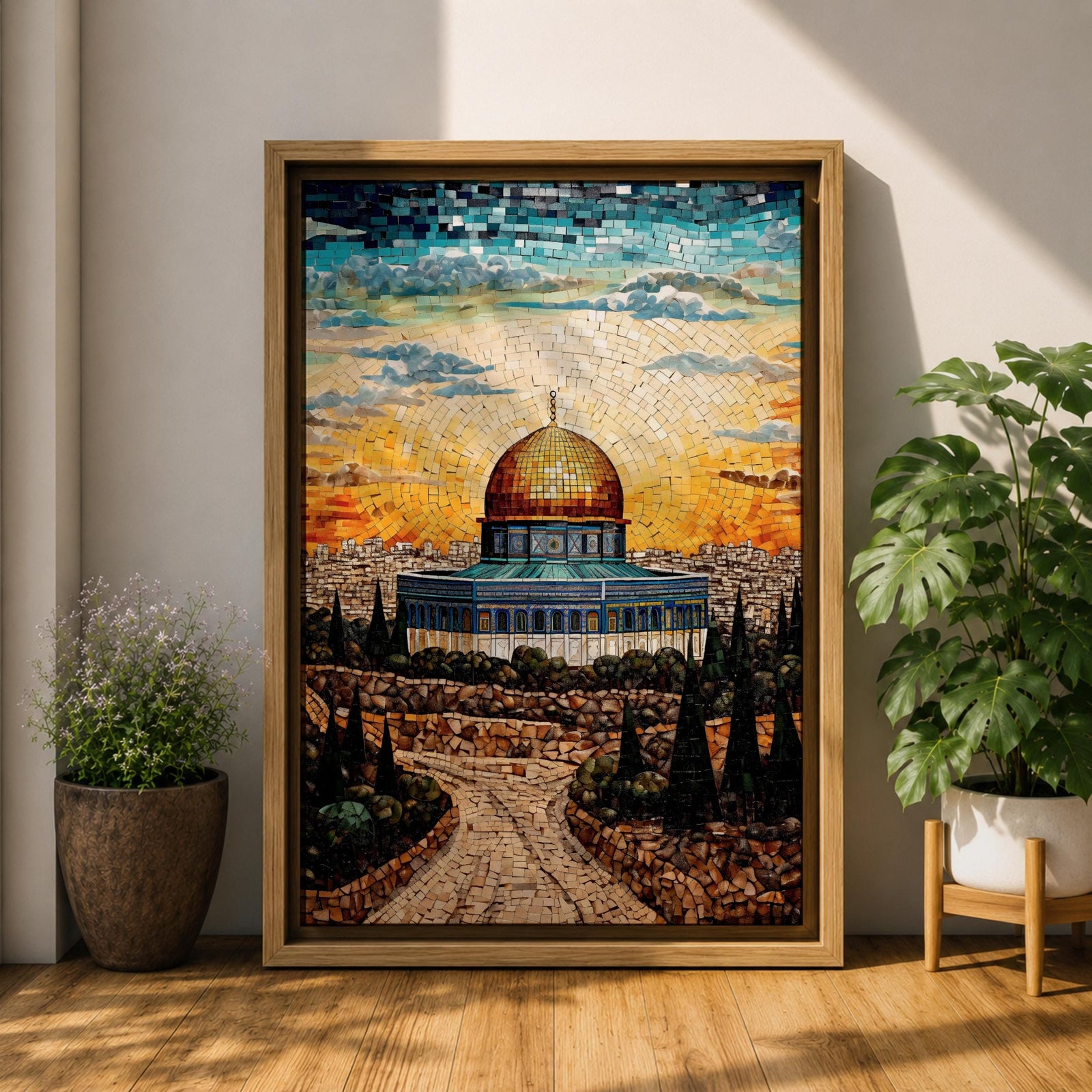 This exquisite mosaic-style artwork portrays the sacred Dome of the Rock at Masjid Al-Aqsa in Jerusalem, crafted from shimmering tile fragments in radiant golden, turquoise, and blue hues, with the iconic golden dome glowing against a radiant sunset sky of orange and yellow mosaic pieces, framed by ancient stone walls, cypress trees, and rocky terraces evoking profound spiritual artistry and timeless reverence.