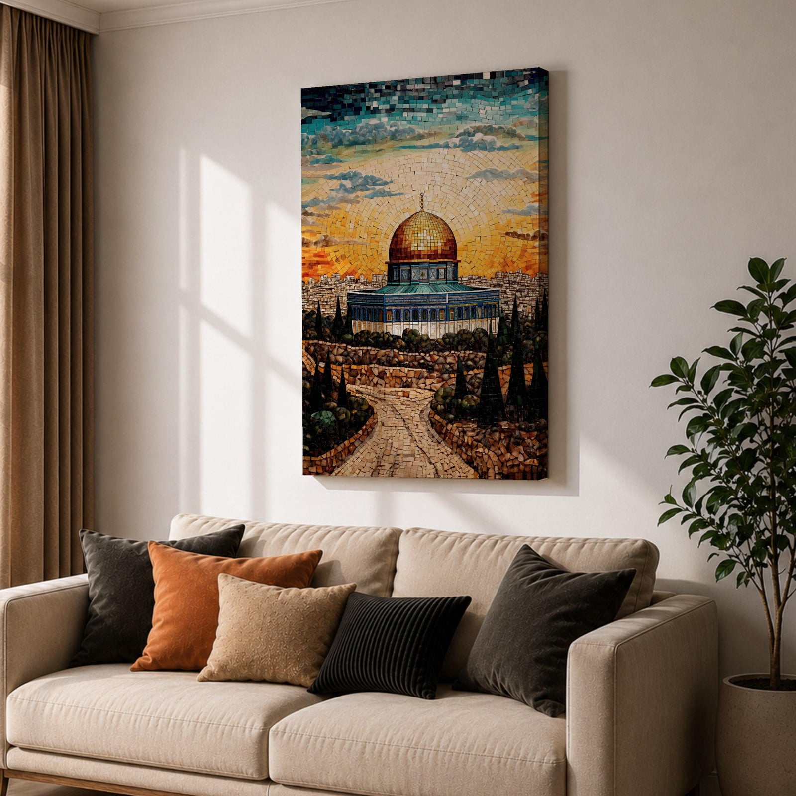 This exquisite mosaic-style artwork portrays the sacred Dome of the Rock at Masjid Al-Aqsa in Jerusalem, crafted from shimmering tile fragments in radiant golden, turquoise, and blue hues, with the iconic golden dome glowing against a radiant sunset sky of orange and yellow mosaic pieces, framed by ancient stone walls, cypress trees, and rocky terraces evoking profound spiritual artistry and timeless reverence.