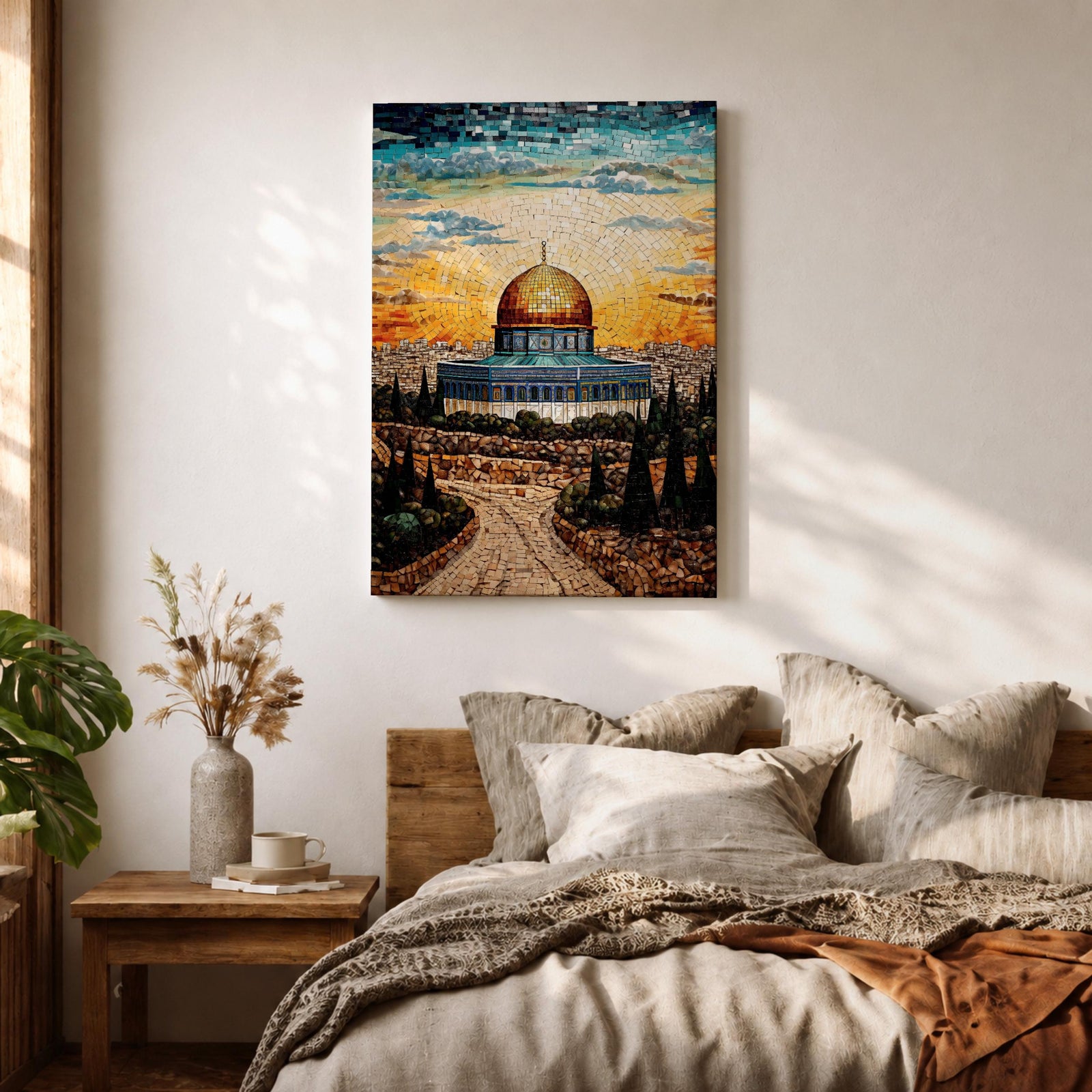 This exquisite mosaic-style artwork portrays the sacred Dome of the Rock at Masjid Al-Aqsa in Jerusalem, crafted from shimmering tile fragments in radiant golden, turquoise, and blue hues, with the iconic golden dome glowing against a radiant sunset sky of orange and yellow mosaic pieces, framed by ancient stone walls, cypress trees, and rocky terraces evoking profound spiritual artistry and timeless reverence.