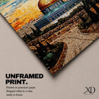 This exquisite mosaic-style artwork portrays the sacred Dome of the Rock at Masjid Al-Aqsa in Jerusalem, crafted from shimmering tile fragments in radiant golden, turquoise, and blue hues, with the iconic golden dome glowing against a radiant sunset sky of orange and yellow mosaic pieces, framed by ancient stone walls, cypress trees, and rocky terraces evoking profound spiritual artistry and timeless reverence.