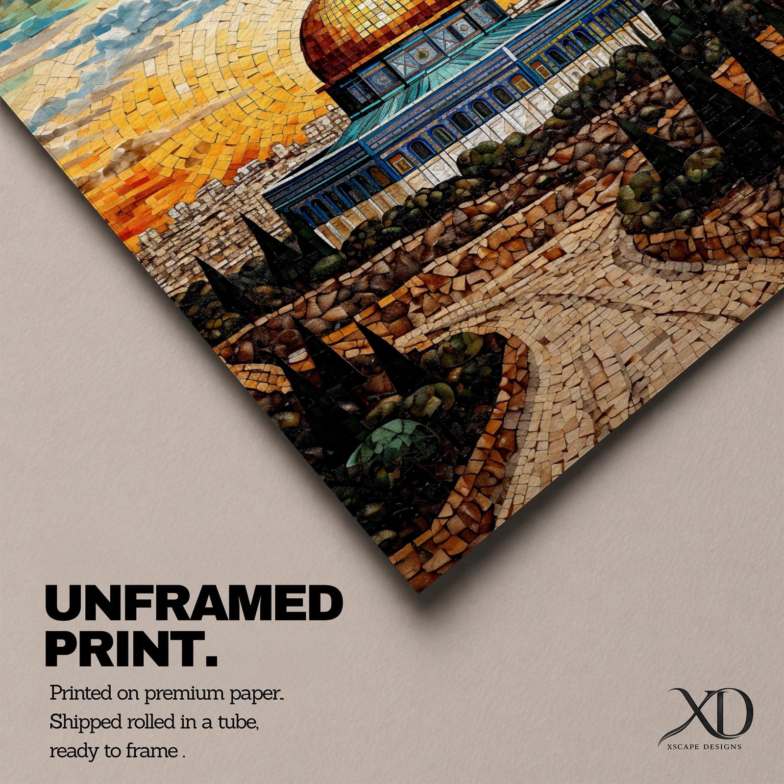 This exquisite mosaic-style artwork portrays the sacred Dome of the Rock at Masjid Al-Aqsa in Jerusalem, crafted from shimmering tile fragments in radiant golden, turquoise, and blue hues, with the iconic golden dome glowing against a radiant sunset sky of orange and yellow mosaic pieces, framed by ancient stone walls, cypress trees, and rocky terraces evoking profound spiritual artistry and timeless reverence.