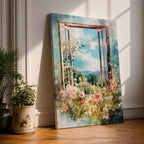 A watercolor painting of an open window revealing a vibrant garden filled with blooming flowers and greenery under a bright blue sky with clouds and butterflies, capturing a peaceful countryside nature scene with soft, flowing brushstrokes and a delicate floral composition.
