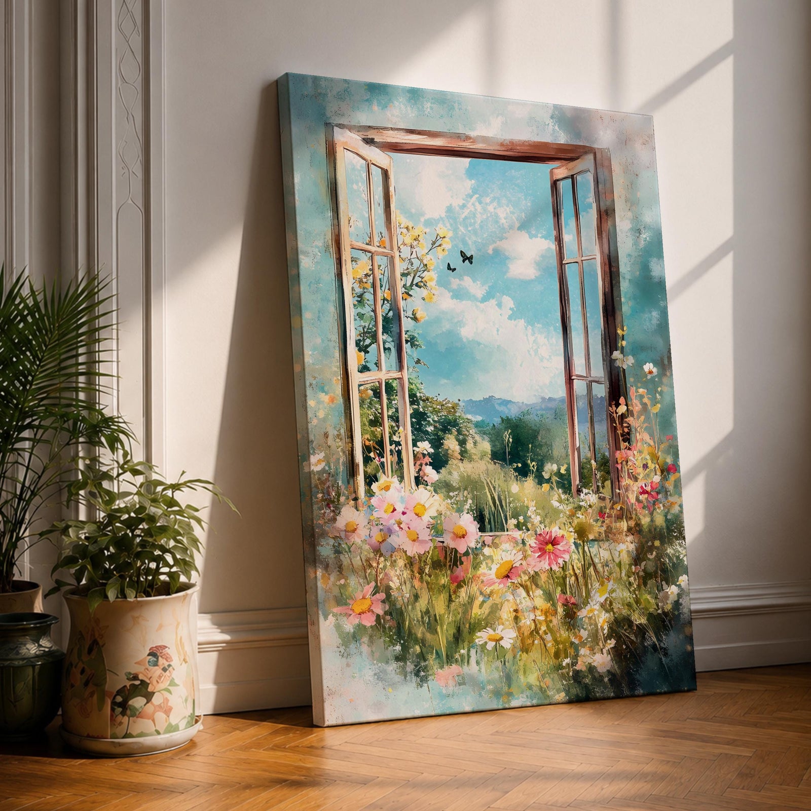 A watercolor painting of an open window revealing a vibrant garden filled with blooming flowers and greenery under a bright blue sky with clouds and butterflies, capturing a peaceful countryside nature scene with soft, flowing brushstrokes and a delicate floral composition.