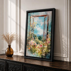 A watercolor painting of an open window revealing a vibrant garden filled with blooming flowers and greenery under a bright blue sky with clouds and butterflies, capturing a peaceful countryside nature scene with soft, flowing brushstrokes and a delicate floral composition.