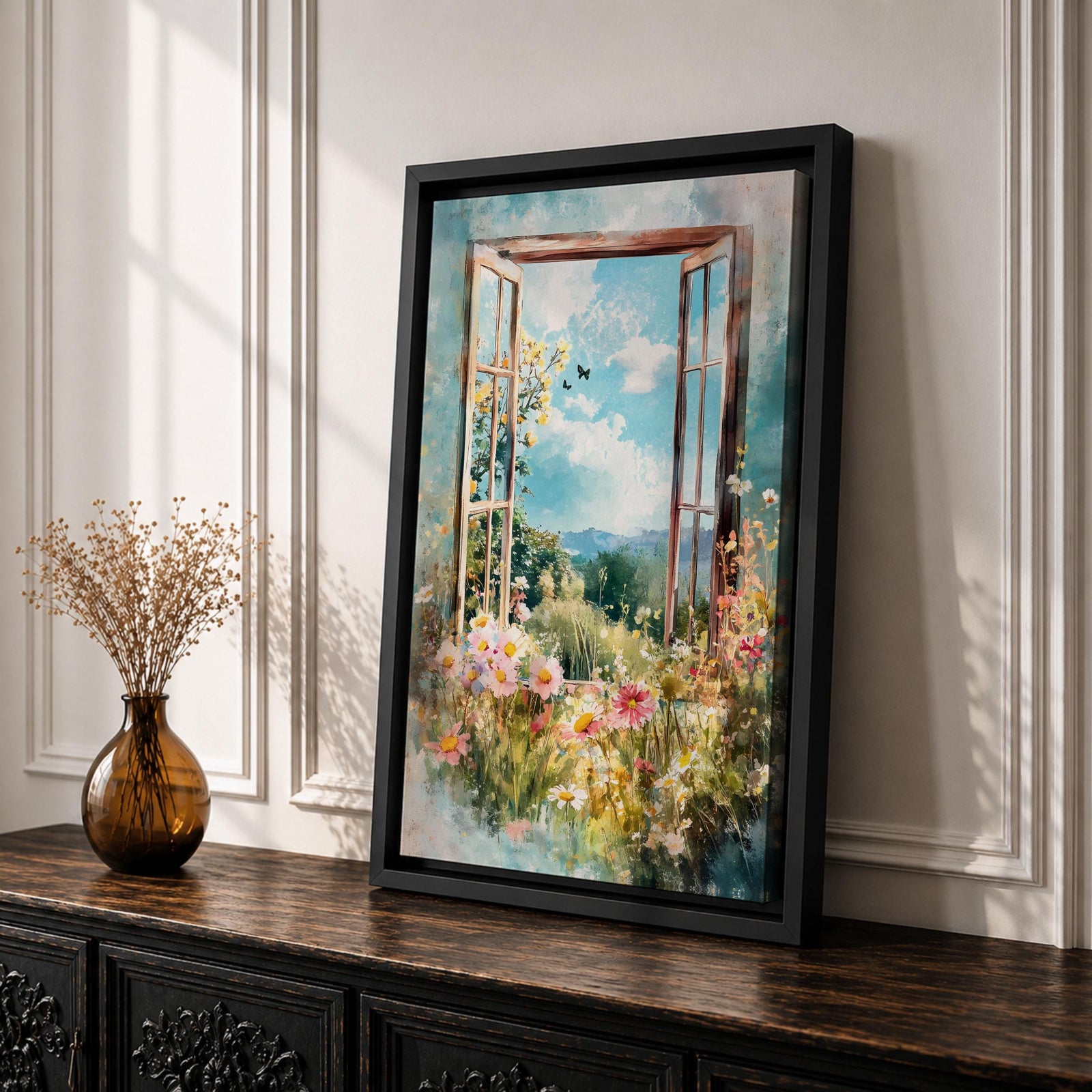 A watercolor painting of an open window revealing a vibrant garden filled with blooming flowers and greenery under a bright blue sky with clouds and butterflies, capturing a peaceful countryside nature scene with soft, flowing brushstrokes and a delicate floral composition.