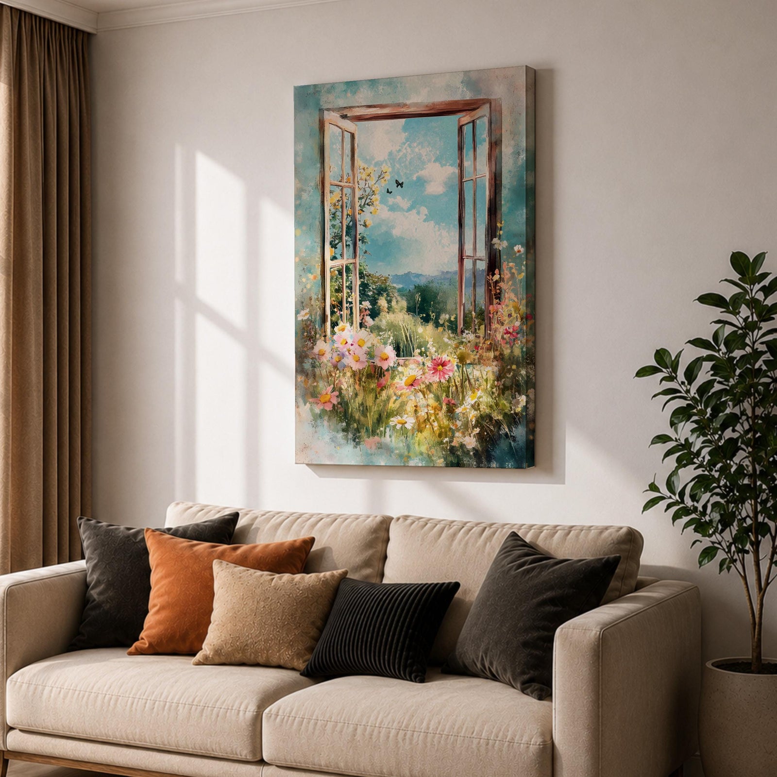 A watercolor painting of an open window revealing a vibrant garden filled with blooming flowers and greenery under a bright blue sky with clouds and butterflies, capturing a peaceful countryside nature scene with soft, flowing brushstrokes and a delicate floral composition.