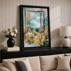 A watercolor painting of an open window revealing a vibrant garden filled with blooming flowers and greenery under a bright blue sky with clouds and butterflies, capturing a peaceful countryside nature scene with soft, flowing brushstrokes and a delicate floral composition.