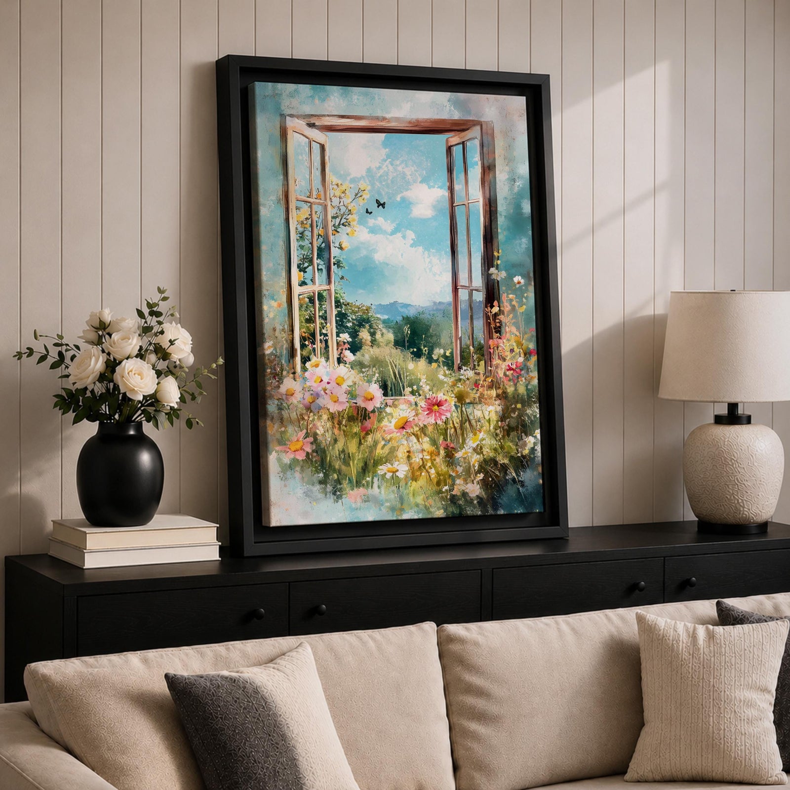 A watercolor painting of an open window revealing a vibrant garden filled with blooming flowers and greenery under a bright blue sky with clouds and butterflies, capturing a peaceful countryside nature scene with soft, flowing brushstrokes and a delicate floral composition.