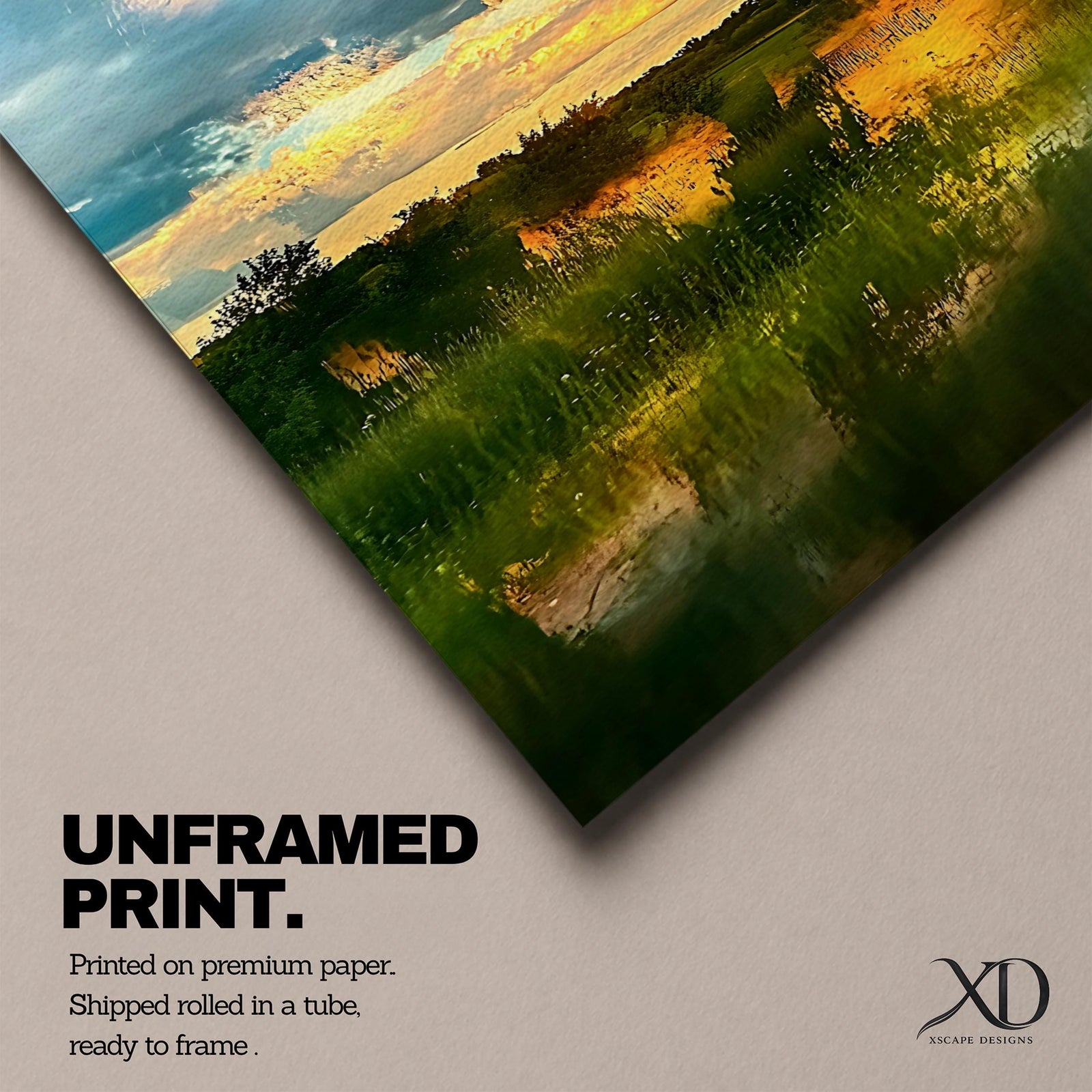 A framed vintage-style artwork depicting a sunset landscape with a serene country scene featuring grassy fields, trees, and a dramatic sky with clouds reflecting warm light, rendered in a painterly vintage aesthetic emphasizing natural beauty and tranquility.