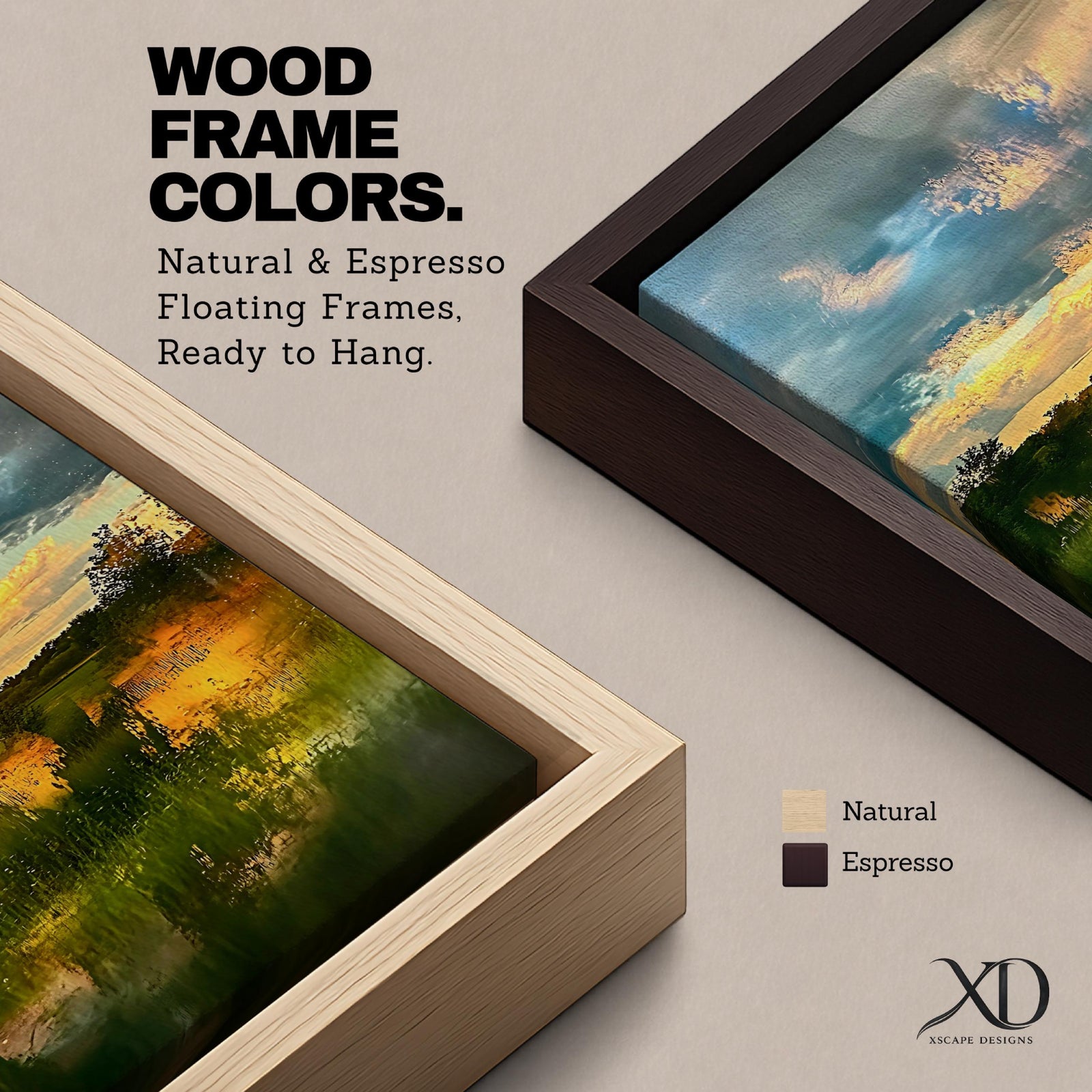 A framed vintage-style artwork depicting a sunset landscape with a serene country scene featuring grassy fields, trees, and a dramatic sky with clouds reflecting warm light, rendered in a painterly vintage aesthetic emphasizing natural beauty and tranquility.