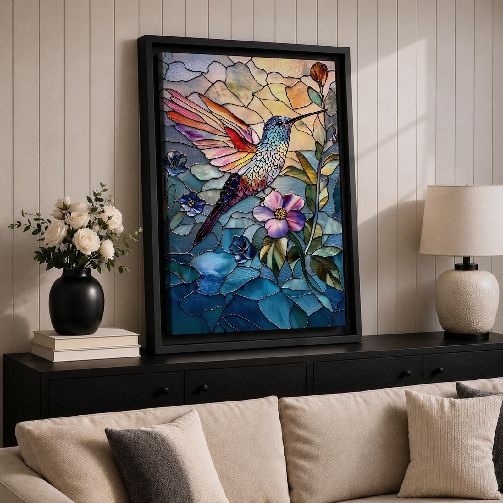 Hummingbird Bird Wall Art Nectar Flyer Floral Stained Glass Gift Living Room Home Decor