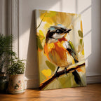A vibrant impasto painting of a songbird perched on a branch, rendered with thick textured brushstrokes in warm tones. The artwork captures the bird's delicate features and lively posture against an abstract natural background, emphasizing expressive color and texture.