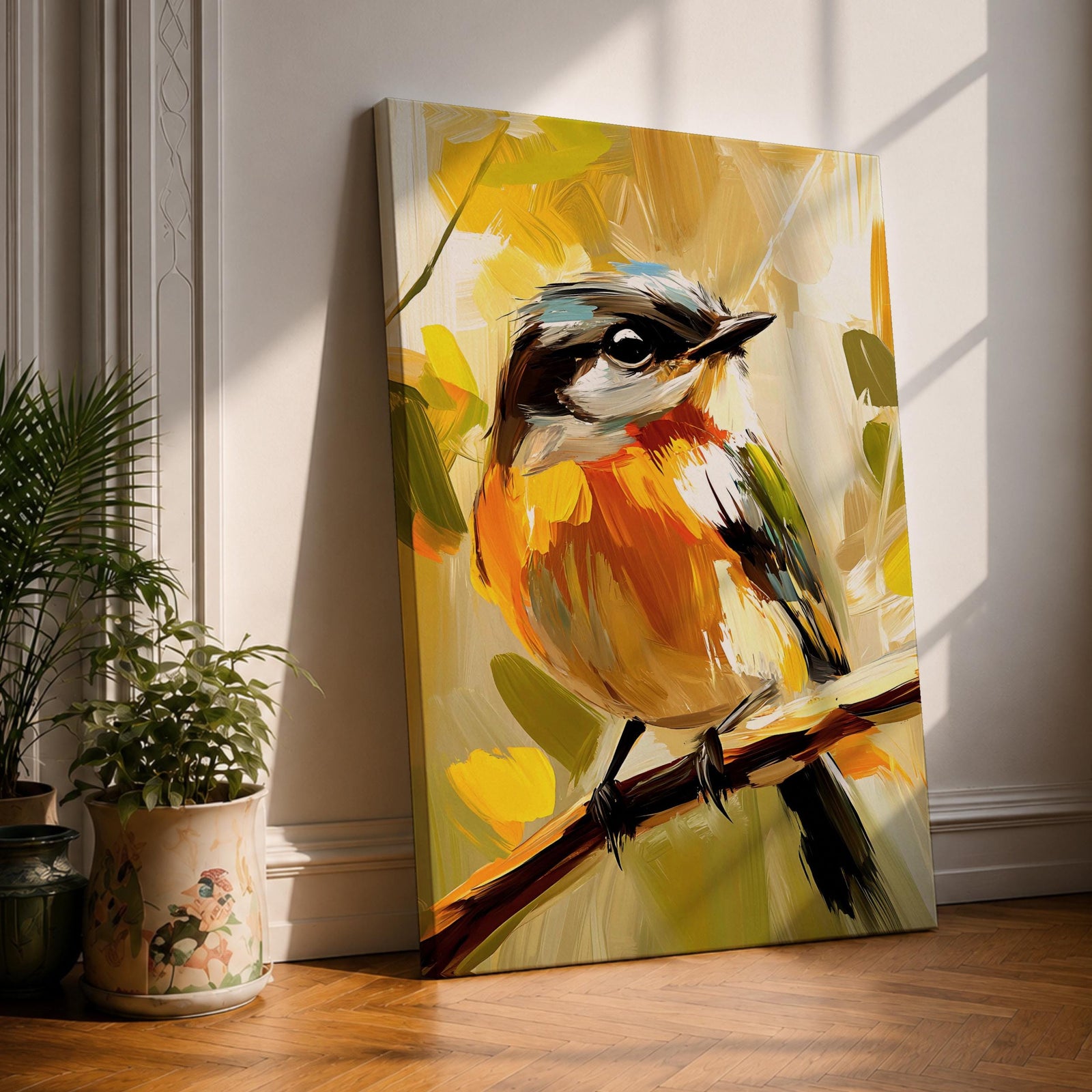 A vibrant impasto painting of a songbird perched on a branch, rendered with thick textured brushstrokes in warm tones. The artwork captures the bird's delicate features and lively posture against an abstract natural background, emphasizing expressive color and texture.