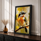 A vibrant impasto painting of a songbird perched on a branch, rendered with thick textured brushstrokes in warm tones. The artwork captures the bird's delicate features and lively posture against an abstract natural background, emphasizing expressive color and texture.