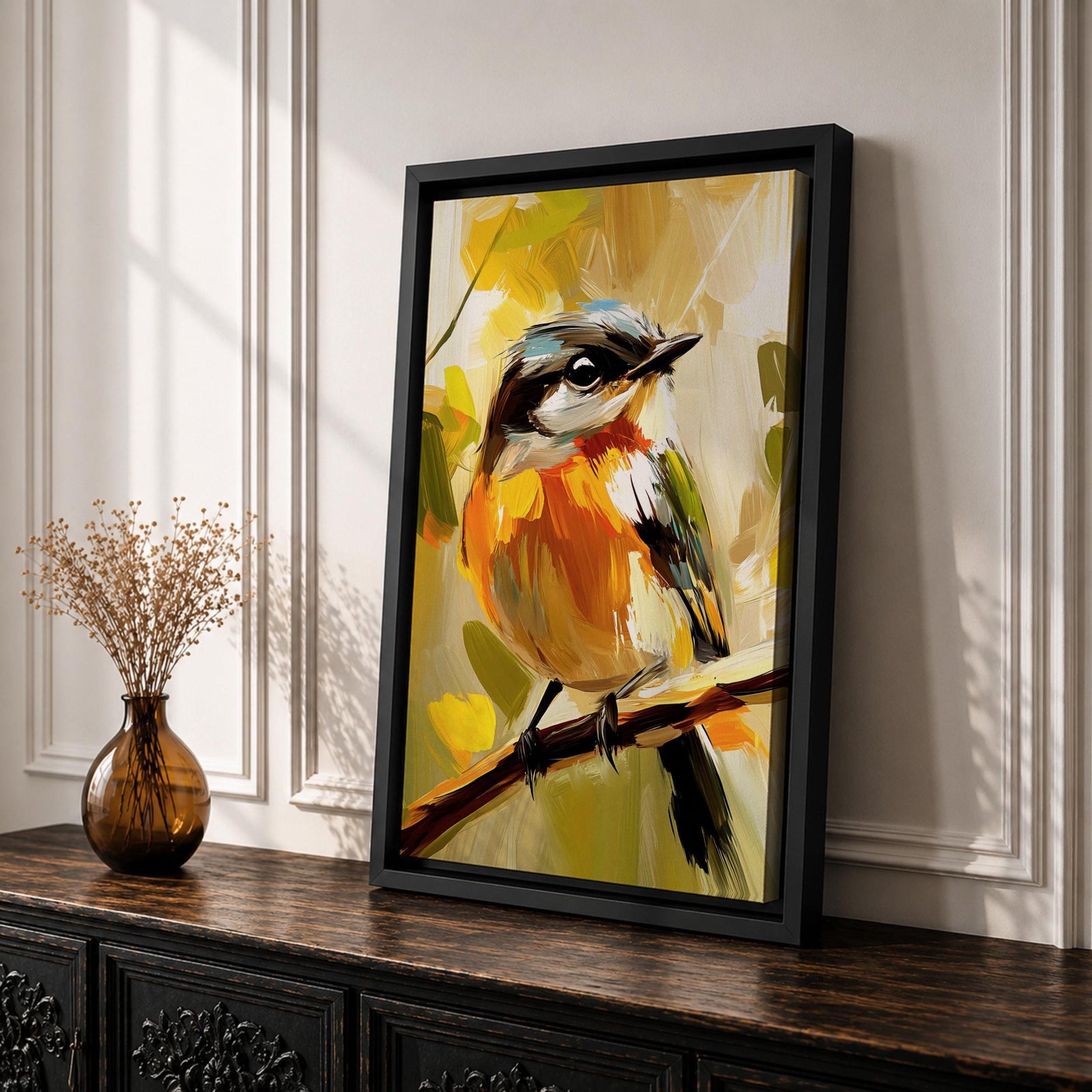 A vibrant impasto painting of a songbird perched on a branch, rendered with thick textured brushstrokes in warm tones. The artwork captures the bird's delicate features and lively posture against an abstract natural background, emphasizing expressive color and texture.