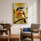 A vibrant impasto painting of a songbird perched on a branch, rendered with thick textured brushstrokes in warm tones. The artwork captures the bird's delicate features and lively posture against an abstract natural background, emphasizing expressive color and texture.