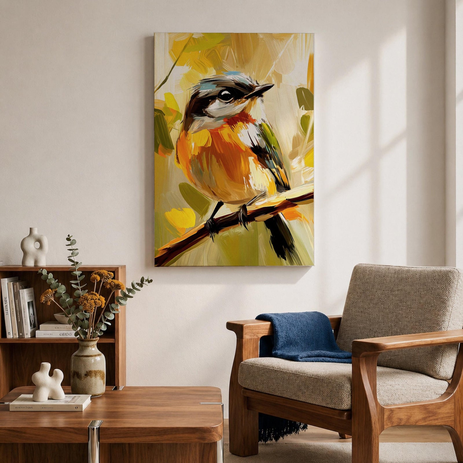 A vibrant impasto painting of a songbird perched on a branch, rendered with thick textured brushstrokes in warm tones. The artwork captures the bird's delicate features and lively posture against an abstract natural background, emphasizing expressive color and texture.