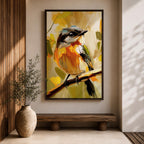 A vibrant impasto painting of a songbird perched on a branch, rendered with thick textured brushstrokes in warm tones. The artwork captures the bird's delicate features and lively posture against an abstract natural background, emphasizing expressive color and texture.