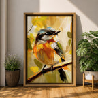 A vibrant impasto painting of a songbird perched on a branch, rendered with thick textured brushstrokes in warm tones. The artwork captures the bird's delicate features and lively posture against an abstract natural background, emphasizing expressive color and texture.