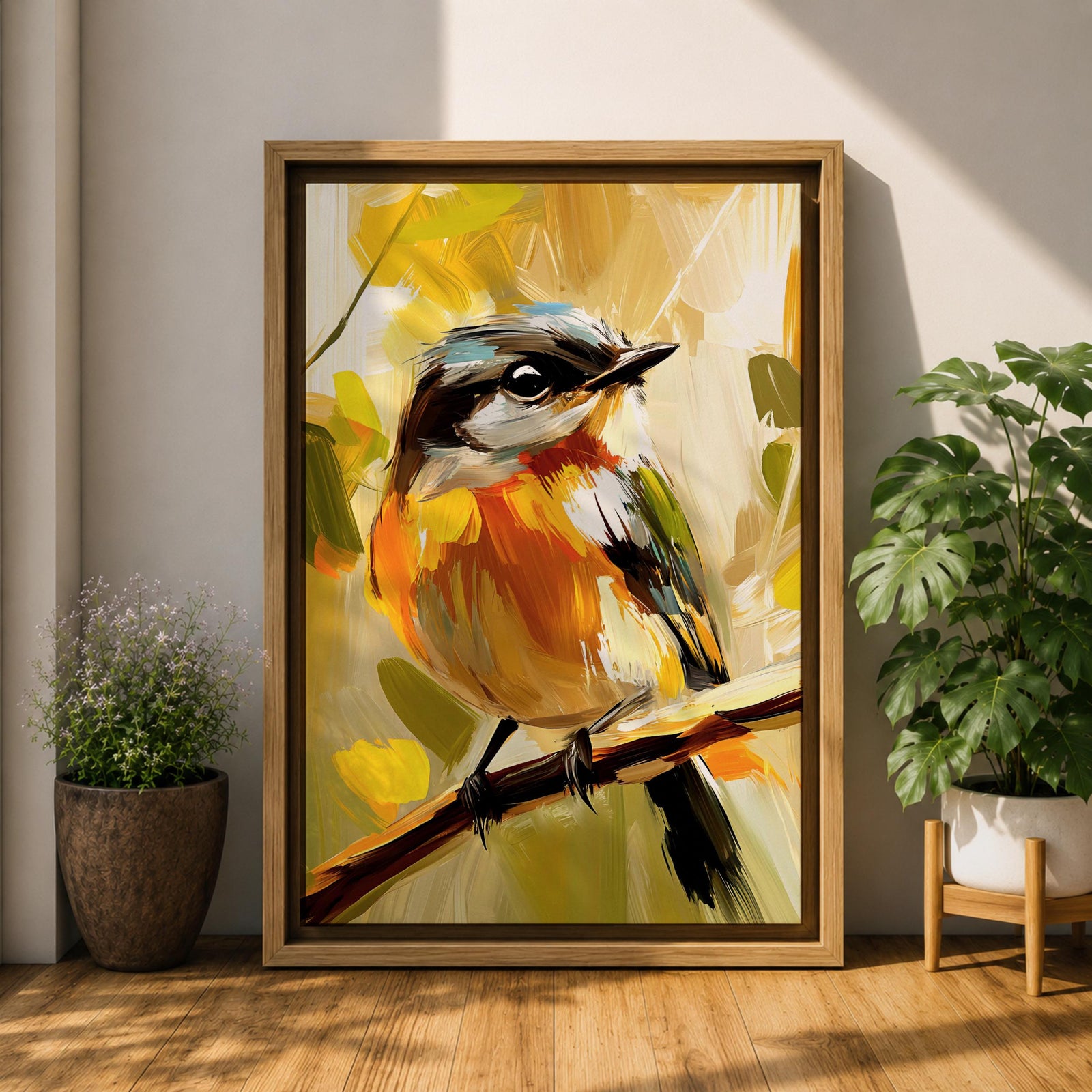 A vibrant impasto painting of a songbird perched on a branch, rendered with thick textured brushstrokes in warm tones. The artwork captures the bird's delicate features and lively posture against an abstract natural background, emphasizing expressive color and texture.