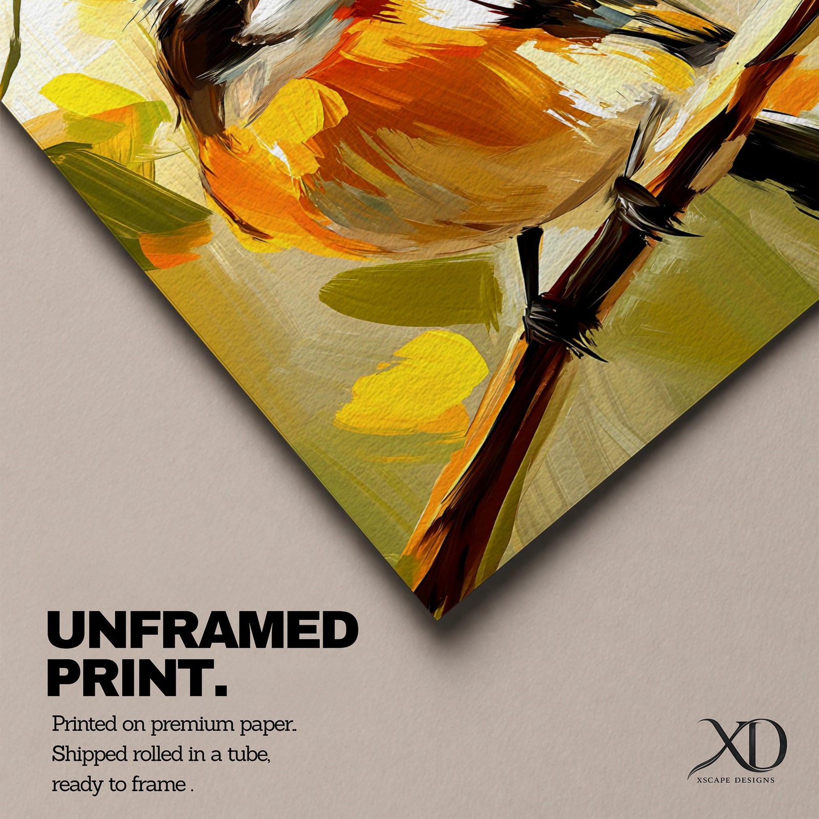 A vibrant impasto painting of a songbird perched on a branch, rendered with thick textured brushstrokes in warm tones. The artwork captures the bird's delicate features and lively posture against an abstract natural background, emphasizing expressive color and texture.