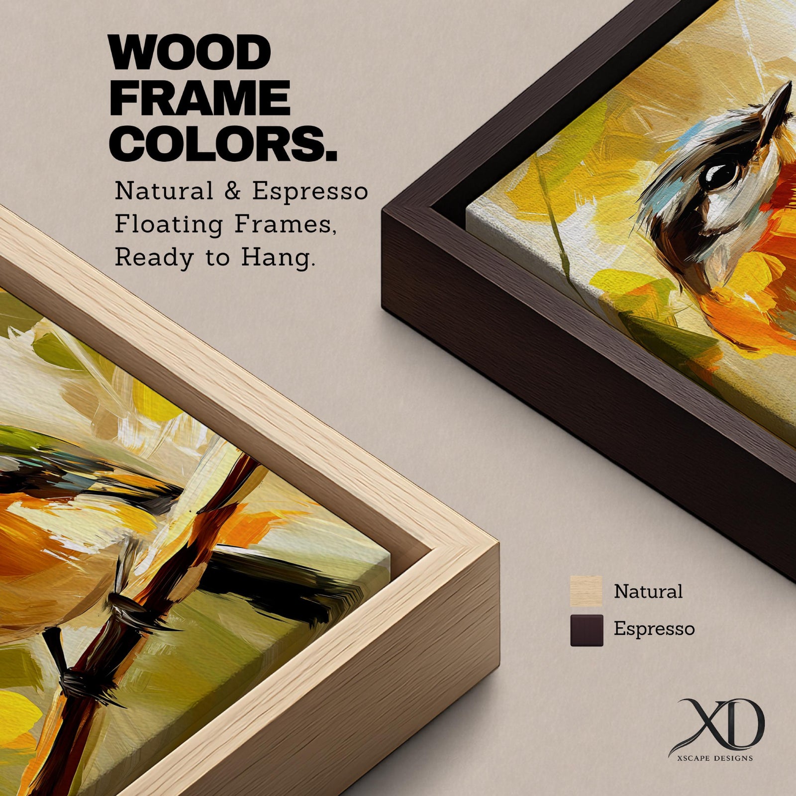 A vibrant impasto painting of a songbird perched on a branch, rendered with thick textured brushstrokes in warm tones. The artwork captures the bird's delicate features and lively posture against an abstract natural background, emphasizing expressive color and texture.